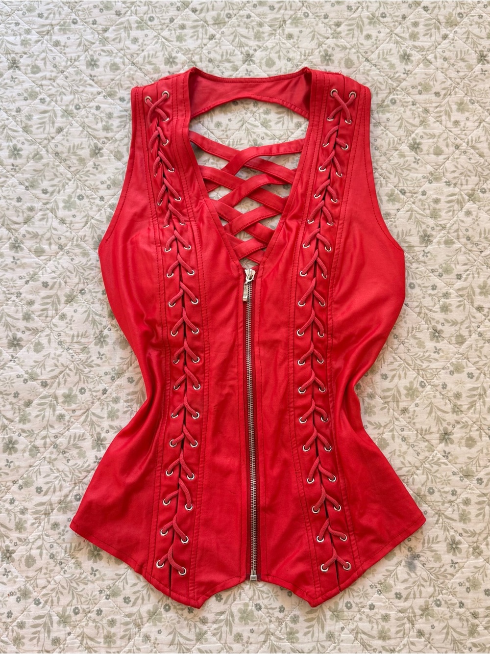 Y2k red lace up front and back zip up top